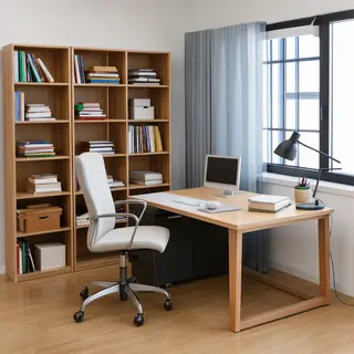 An office workspace with a desk, chair, bookshelf, and lamp 