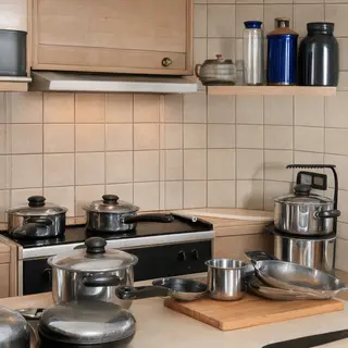 A kitchen with pots, pans, a stove, and a cutting board but 