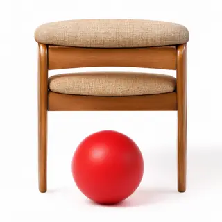 A red ball underneath a wooden chair