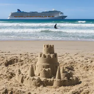 A beach scene with a sandcastle in the foreground, a surfer 