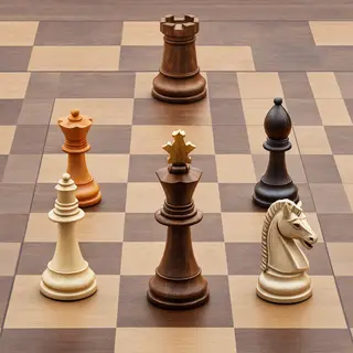 Five chess pieces on a board: a king in the center, a queen 