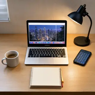 A desk scene: laptop in the center, coffee mug to the left, 