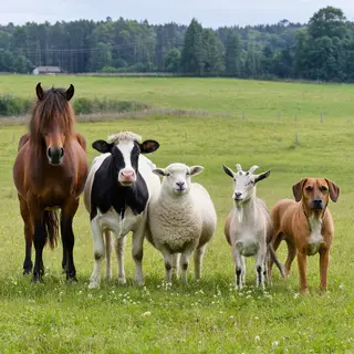 Five animals in a field: a horse on the far left, a cow to t