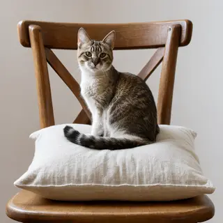 A cat sitting on a pillow, the pillow placed on a wooden cha