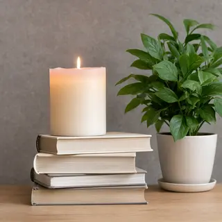 A candle on top of a stack of books, the books next to a pot