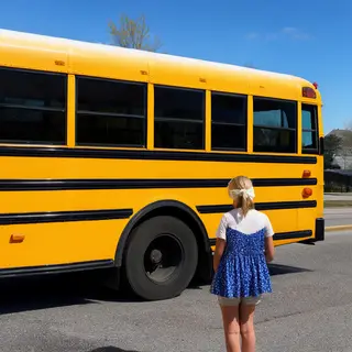 A person standing next to a yellow school bus, showing reali