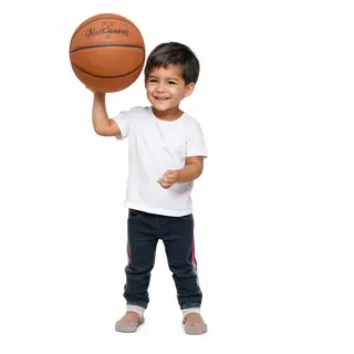 A child holding a basketball, both at correct relative sizes