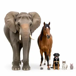 A group photo of an elephant, a horse, a dog, a cat, and a m