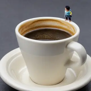 A tiny person standing on the rim of a coffee cup, looking d