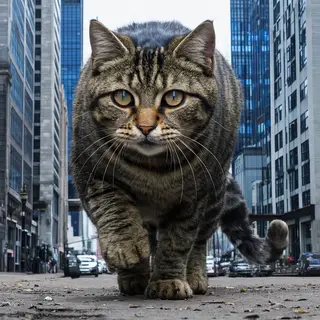 A giant tabby cat walking between city skyscrapers like a ka