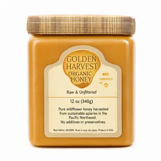 A product label for 'GOLDEN HARVEST ORGANIC HONEY' with subt