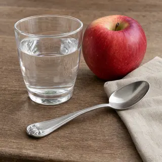 A still life on a wooden table featuring a clear glass of wa