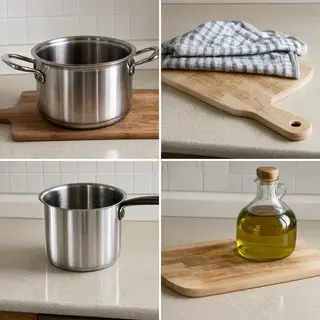 A kitchen counter with a stainless steel pot, a wooden cutti