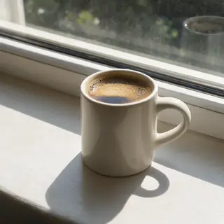 A coffee mug on a sunny windowsill casting a sharp shadow to