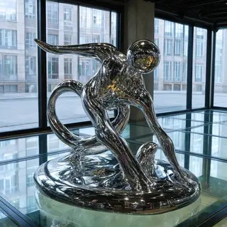 A chrome sculpture in a room with a glass floor and large wi