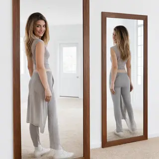 A woman standing in front of a full-length mirror, her refle