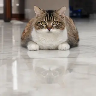 A cat sitting on a polished marble floor with its reflection