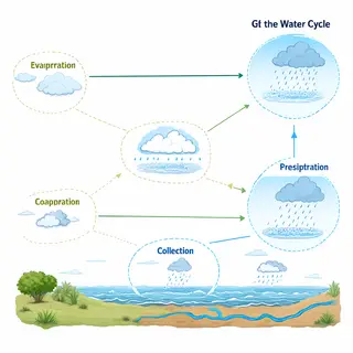 A detailed diagram of the water cycle showing evaporation fr