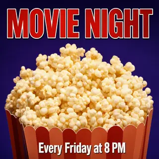 A movie night poster with a large popcorn image in the cente