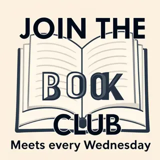 A book club poster with an open book illustration, the title