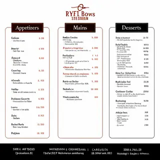 A restaurant menu layout with a logo header, three category 