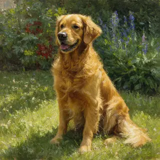 A golden retriever sitting in a garden, painted in the style