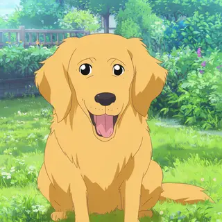 A golden retriever sitting in a garden, rendered in Japanese