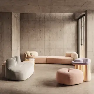 An interior scene rendered in soft brutalism — raw concrete 