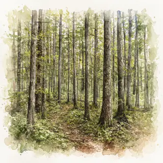 A forest rendered in photorealistic watercolor — the detail 