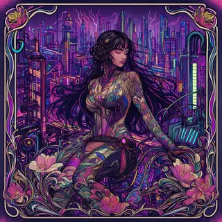 A woman in a futuristic city rendered in cyberpunk Art Nouve
