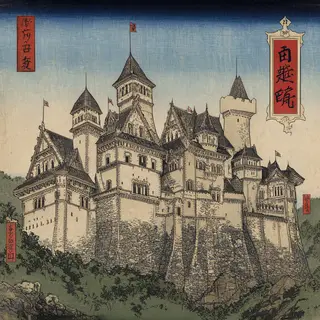 A medieval castle depicted in Japanese ukiyo-e woodblock pri