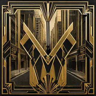 A city street scene in the style of Art Deco — geometric sha