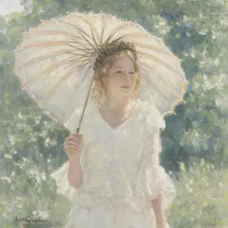 A woman with a parasol in the style of Impressionism — soft 