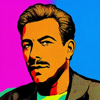 A portrait of a man in Pop Art style — bold outlines, Ben-Da