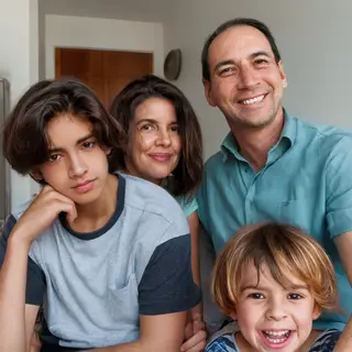 A family photo with four people: a father beaming with pride