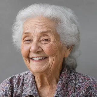 An elderly woman in her 80s with deep wrinkles and white hai