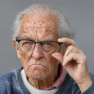 An elderly man in his 70s with age spots and thinning gray h
