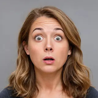 A portrait capturing genuine surprise — raised eyebrows, wid