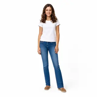 A woman standing upright in a relaxed pose, arms at her side