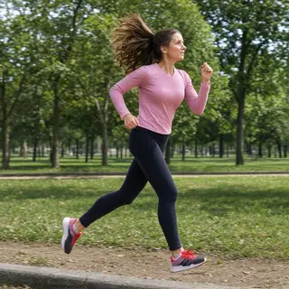 A woman mid-stride running through a park, hair and clothes 