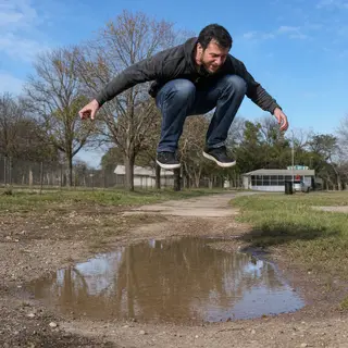 A man captured mid-jump over a puddle, body in the air with 
