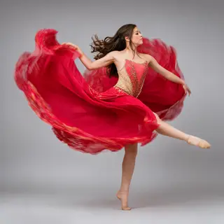 A dancer in a dynamic spin, dress flowing outward with one l