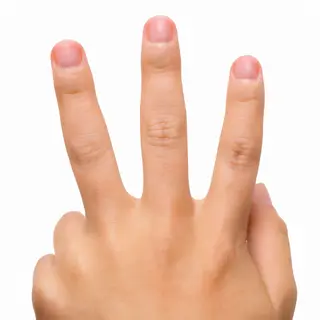A person counting to three on their fingers, with index, mid