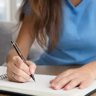 A woman writing in a notebook with a pen gripped correctly i
