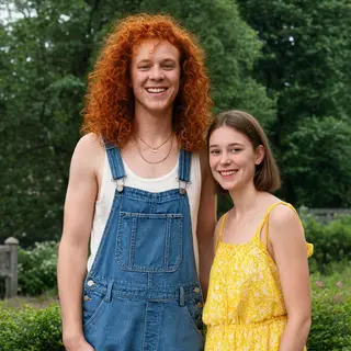 Two friends posing: one tall with curly red hair in denim ov