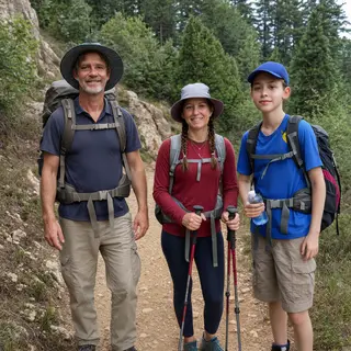 Three hikers on a trail: a man with a backpack and sunhat, a