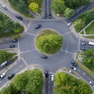 An aerial bird's-eye view looking straight down at a traffic