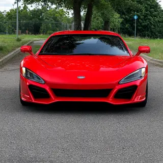 A bright red sports car parked on a gray asphalt road — the 