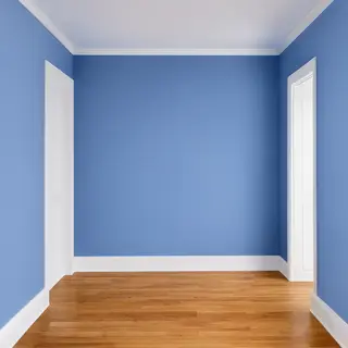 A room with walls in #4A90D9 (medium blue) with warm wooden 
