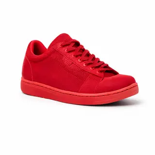 A single red sneaker on a clean white background with soft s